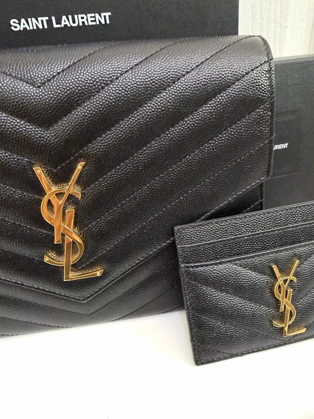 Saint Laurent Black Chevron Quilted Leather Clutch with matching Card Holder